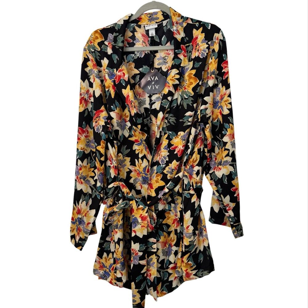 AVA & VIV Open Front Blazer Style Kimono Plus Size 2X Tie Belt Going Out Pockets